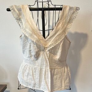 Cream Lace Trim Sleeveless Blouse